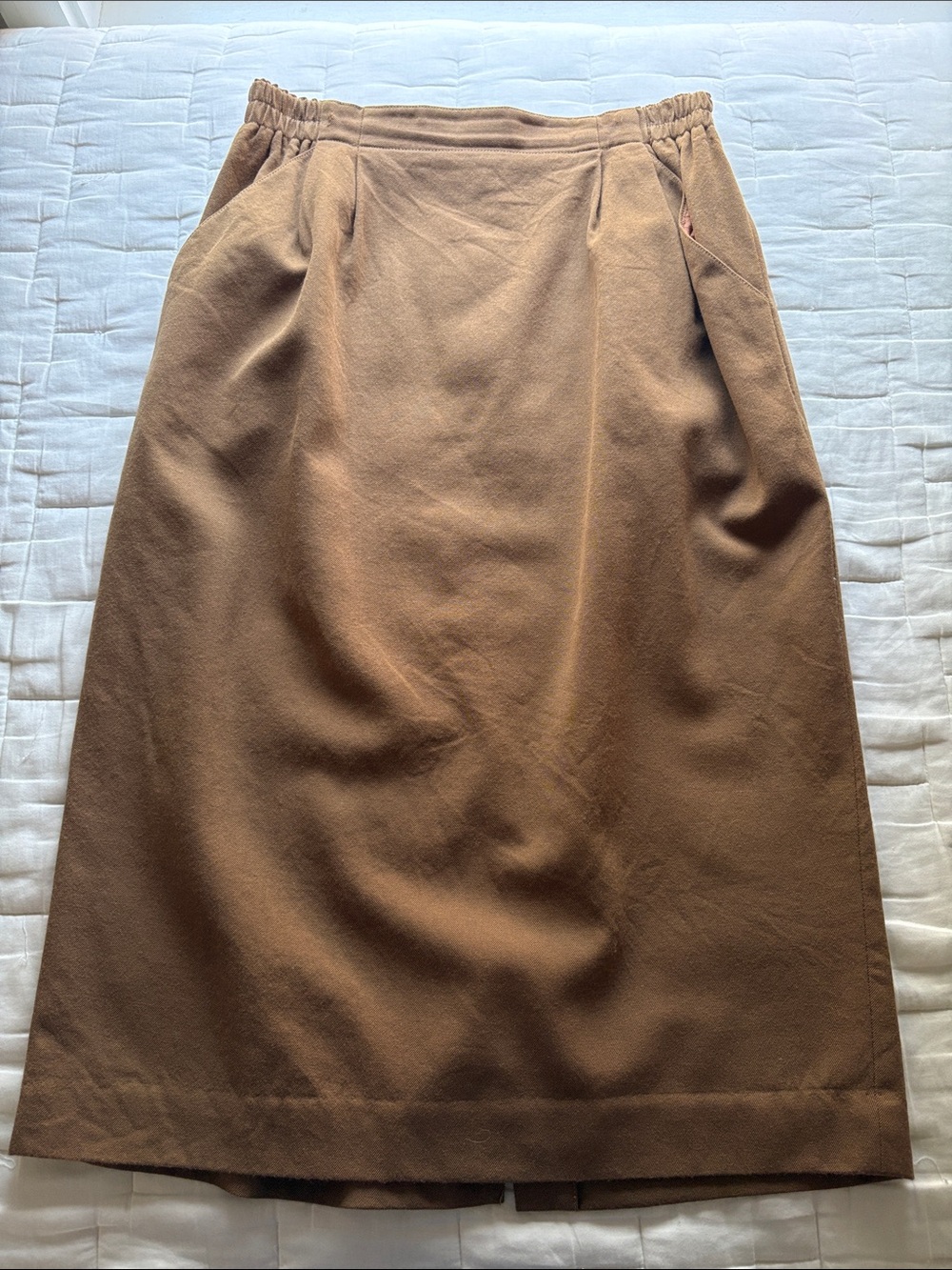 Relaxed Fit Tan Midi Skirt with Elastic Waist